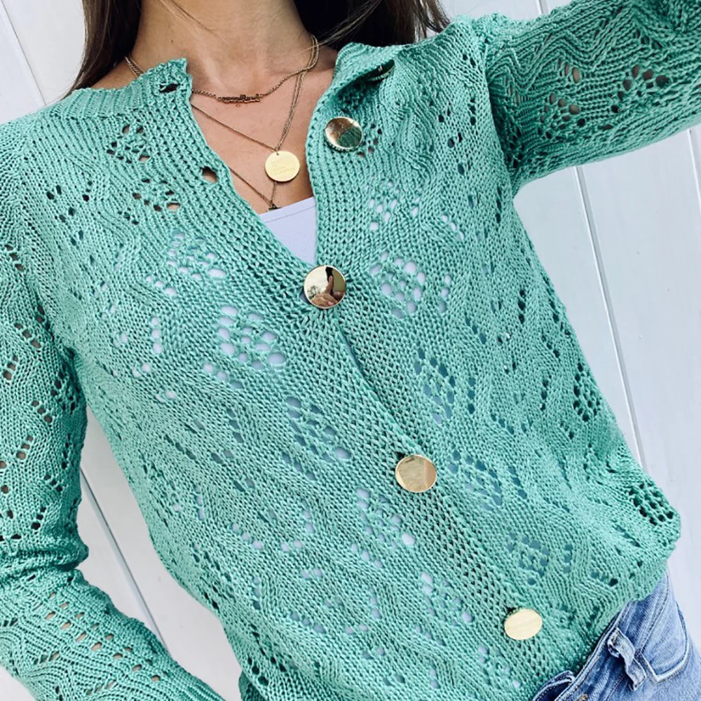 

Women's Autumn Hollow Thin Sweater 2020 Long Sleeve V-Neck Casual Tops Women Plus Size Single Breasted Spring Short Sweater D30
