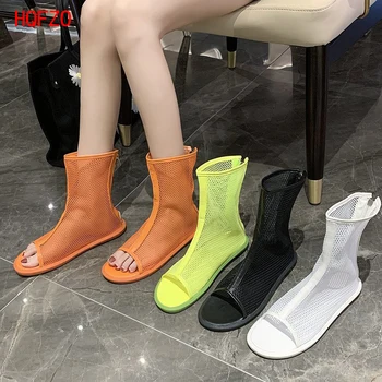 

HQFZO Breathable Women Sandals Clear Ankle Boots Zip Peep Toe Summer Shoes Botas Mujer Low Heels Casual Mesh Boots 2020 Mujer