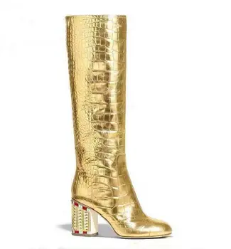 

Moraima Snc Crystal Embellished Thick Heels Runway Boots Round Toe Gold Leather Knee High Boots Woman Sexy Riding Shoes