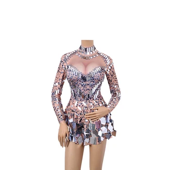 

Night Performance Party Performance Christmas Singer Dj Dancer Clothing Bling Costume Women Shining Silver Mirror Short Skirt