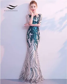 

SOLOVEDRESS Teal Tulle Sequin Mermaid Dress with Halfty 1/2 Short Sleeves Bodycon Evening Dress Lining Women Elegant Dress E79