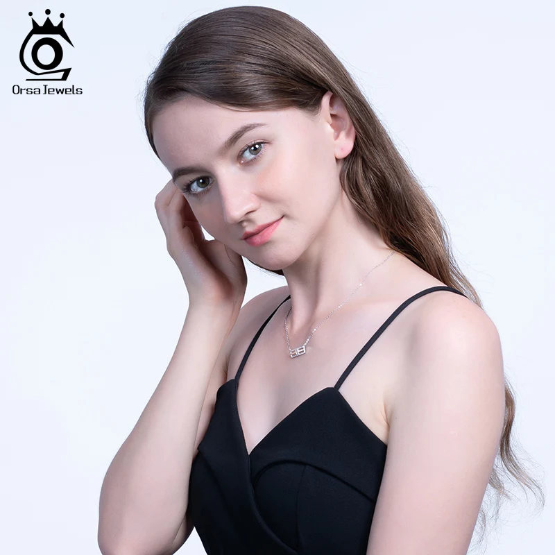 ORSA JEWELS Настоящее 925 женское ожерелье с прямоугольной подвеской из стерлингового серебра AAAA Циркон короткое ожерелье модное хорошее ювелирное изделие SN186