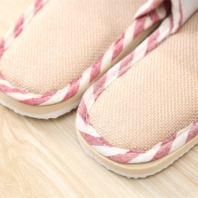 Striped Linen Four Season Indoor Slippers Women Cotton Non-slip Soft Bottom Home Wood Floor Sandals Couple Flip Flops Slides 5
