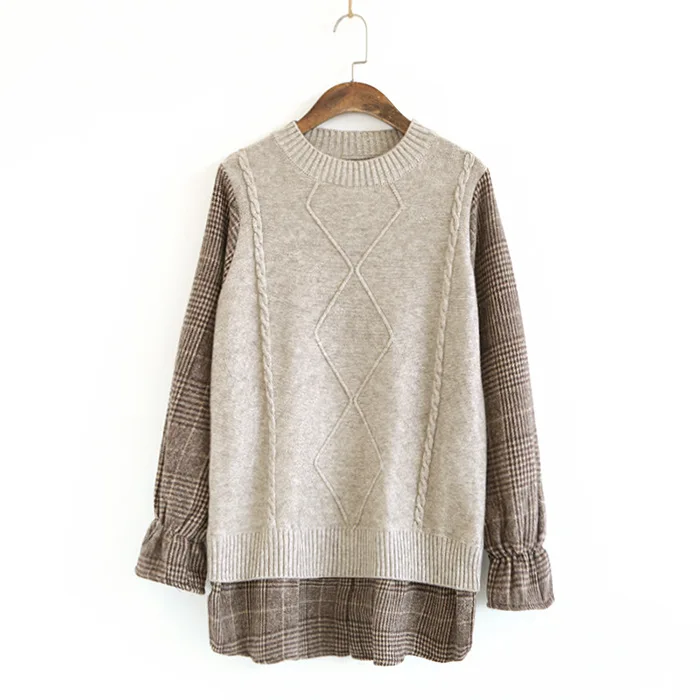 Faux two pieces plaid knitted patchwork sweater female autumn - Цвет: pic