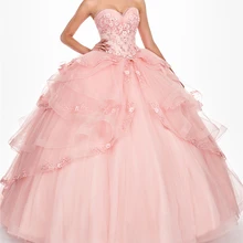 Розовый тюль Vestidos De 15 Anos сладкий 16 Бальные платья Цветы Аппликации Бисероплетение Кристаллы Многослойные оборки Бальные платья