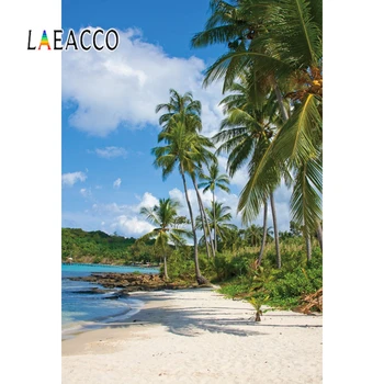 

Laeacco Tropical Palms Tree Sea Beach Sand Shrub Blue Sky Natural Scenic Photo Background Photography Backdrop Photo Studio