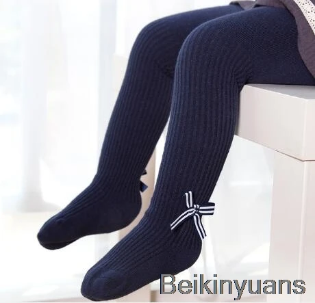 Navy blue Детские хлопковые чулки; теплые колготки с бантом для новорожденных; детские колготки; Одежда для девочек - Цвет: Navy blue