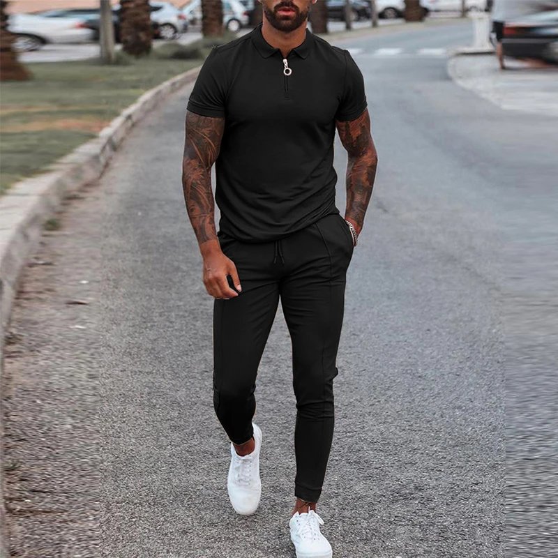 2021 Summer Streetwear Fashion 2 Piece Set For Men Short Sleeve Tops And Drawstring Pants Suits Mens Clothes Casual Solid Outfit - Image 5