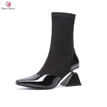 

Original Intention Elegant Concise Metal Heel Ankle Boots Woman Stretch Boots Patent Leather Pointed Toe Lady Shoes Office