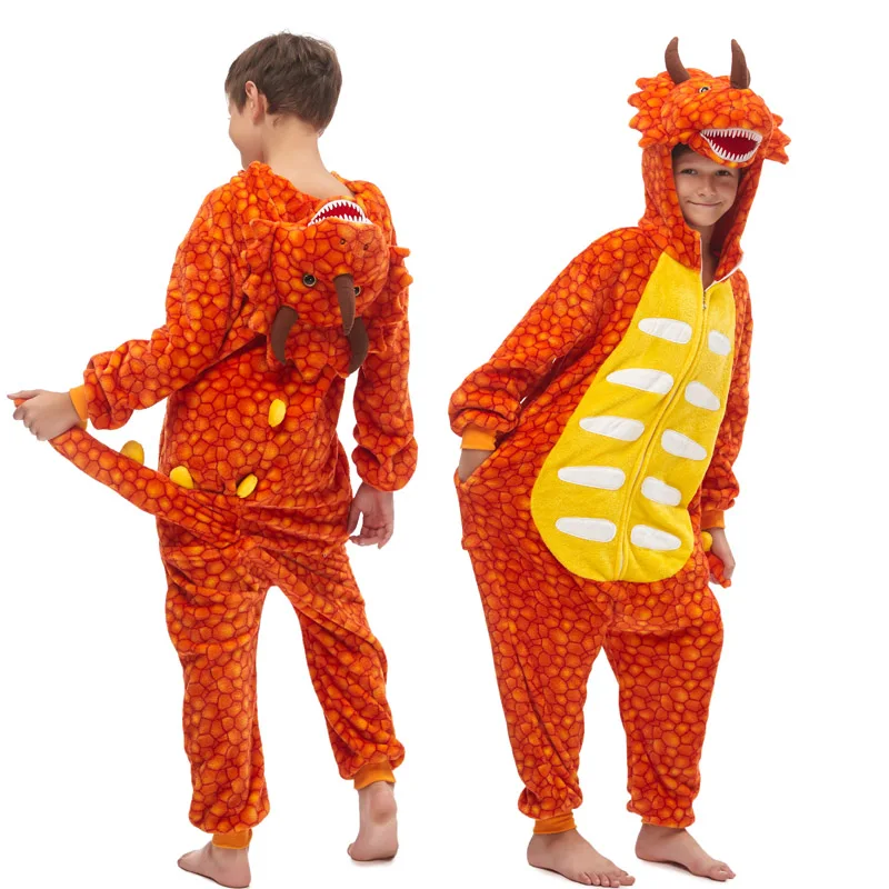20 NEW kids kigurumi animal dinosaur unicorn pajamas set winter hooded soft Stitch Christmas sleepwear kids girls boys jumpsuit - Цвет: Orange Dinosaur