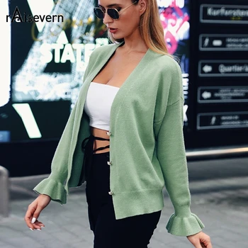 

Raisevern Knitted Cardigan Sweater Women 2019 Autumn Simple Solid Straight Bottom Bell Sleeve Clothing Sweater Fashion Cardigan