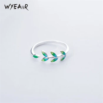 

WYEAIIR Green Leaves Drop Glaze Literary Sweet Creative Fresh Versa 925 Sterling Silver Female Resizable Opening Rings