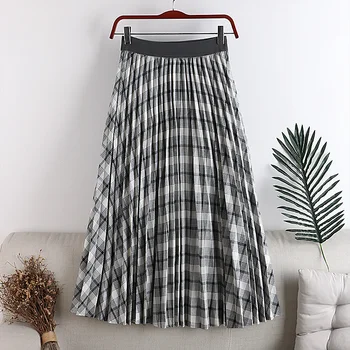 

Same style for autumn and winter Pleated laid print Skirts Womens 2020 High Waist Vintage Skirt Elegant A-Line Midi Women Skirt