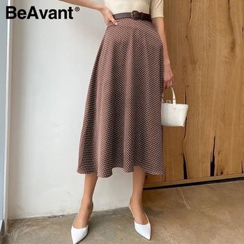 BeAvant, осенне-зимняя трапециевидная юбка миди, Женская юбка с высокой талией в горошек, женская элегантная офисная коричневая юбка