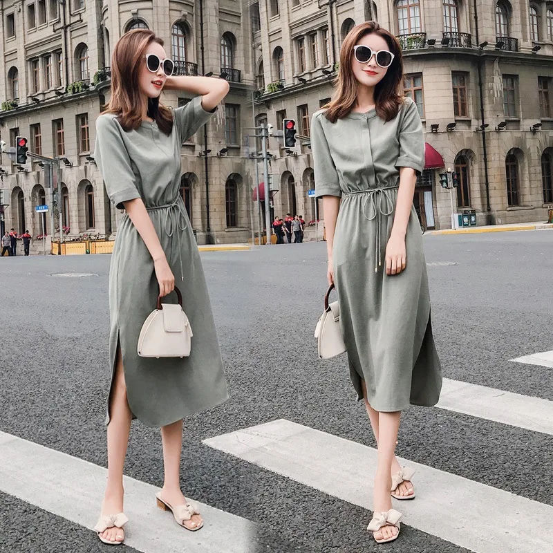 

Cotton And Linen Shirt Dress Women Summer 2020 New Fashion Casual Slimming Temperament Slit Mid-Calf Office Lady Long Dress