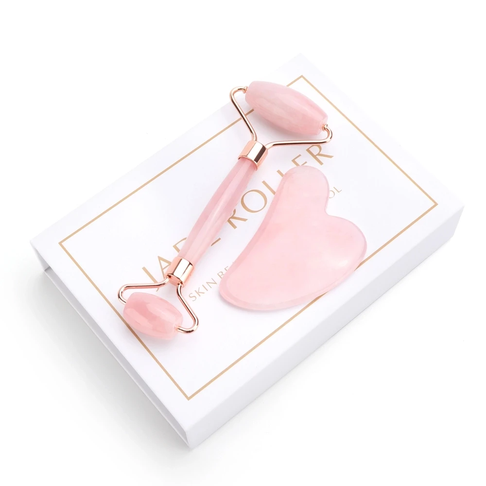 Natural Rose Quartz Jade Roller Facial Body Massager Roller Jade Stone Gua sha Board Scraper Face Lifting Beauty Massage Tool afbeelding