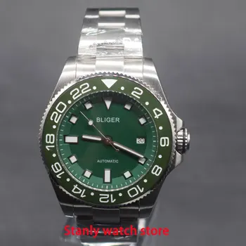 

Solid Bliger 43mm green dial luminous ceramic bezel sapphire miyota 8215 date indicator automatic movement men's wrist watch