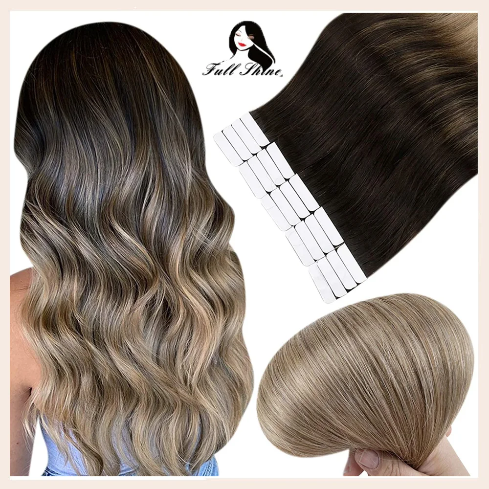 Cinta brillante completa en extensiones de cabello humano, Balayage Color rubio, 100%, cabello humano, trama de piel, pegamento en máquina sin costuras, remy