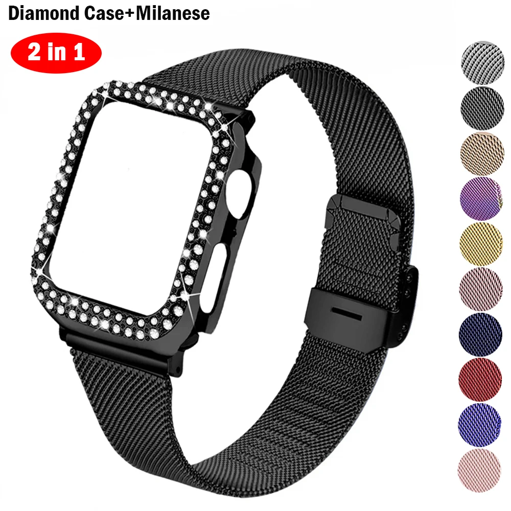 Бриллиантовый чехол + ремешок Миланская петля для apple watch band 44 мм 40 38 мм/42 тонкая