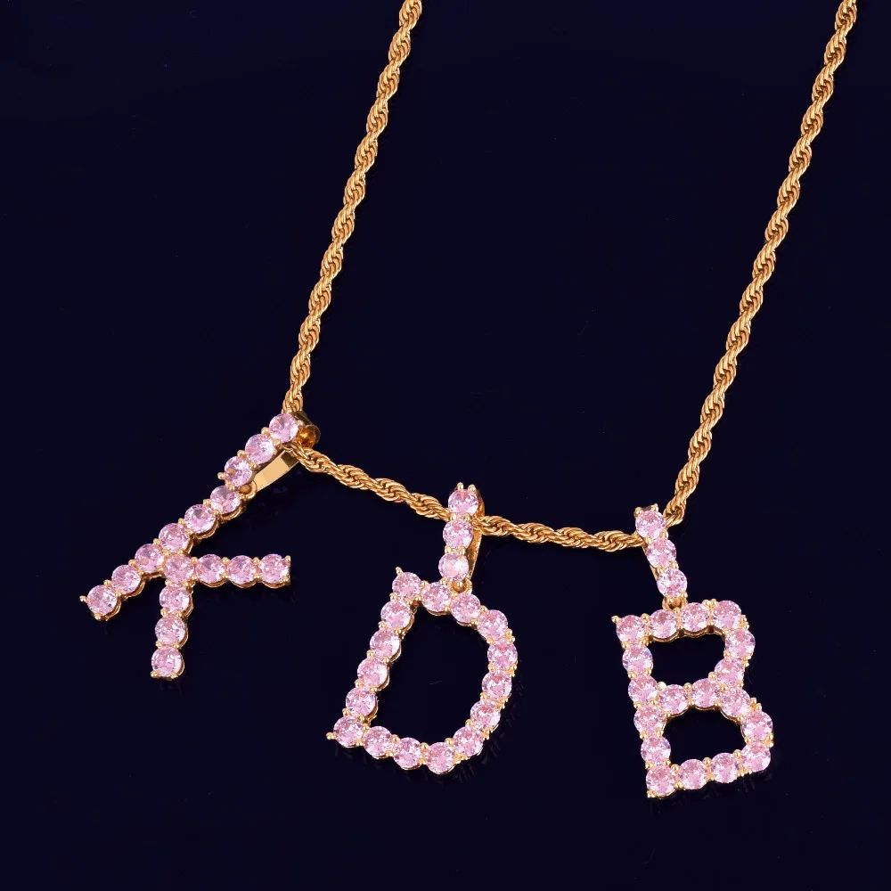 Розовый циркон теннисные буквы ожерелья и кулон пользовательское имя Шарм для мужчин/женщин золото серебро хип хоп ювелирные изделия с веревкой цепи