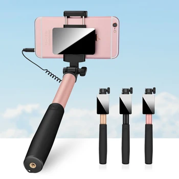 

3 Colors Portable Handheld Wired Extendable Selfie Stick With Back HD Mirror For iPhone 5 6 Plus Samsung Huawei Sony LG Xiaomi