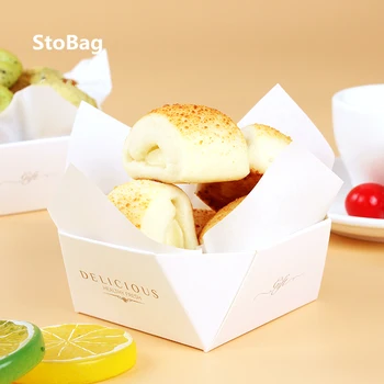 

StoBag 20pcs Delicious Gift Souff Durian Puff Pastry Bun Mousse Cake Tray Baking Pastry Packaging Box Baby Show Party Supplies