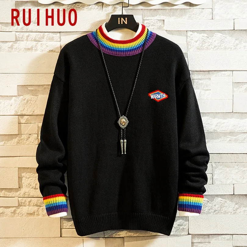 

RUIHUO 2020 New Spring Casual Sweater Men Slim Fit Knitted Mens Sweaters Colored Striped Warm Pullovers Men Brand Clothes M-3XL