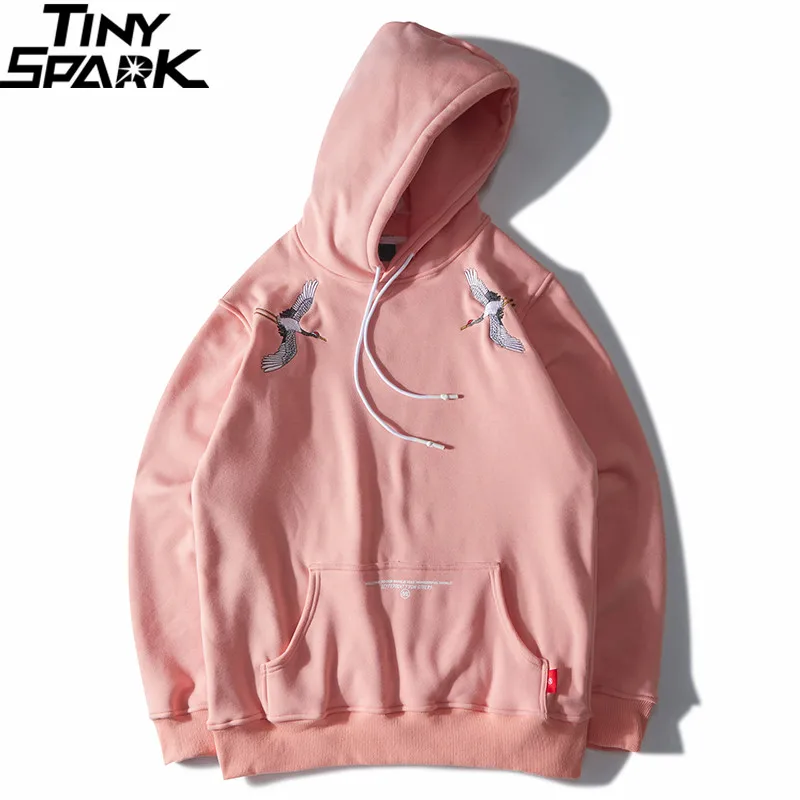Goedkoop Harajuku Japanse Geborduurde Kranen Fleece Fluwelen Hoodie Streetwear Mannen 2018 Hip Hop Sweatshirt Winter Hoodie Dikker