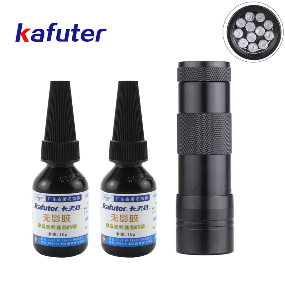 

100% Genuine 2pcs 10g kafuter K-303 UV glue+12led UV curing lamp PMMA acrylic adhesive bonding transparent plastic PVC ABS metal