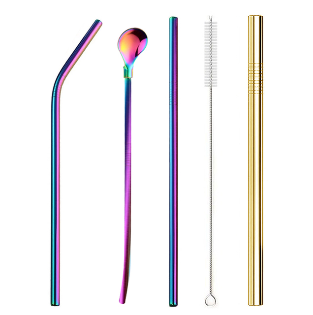 Reusable Metal Drinking Straws 304 Stainless Steel Straw Sturdy Bent Straight Straw with Cleaning Brush Bar Party Acce
