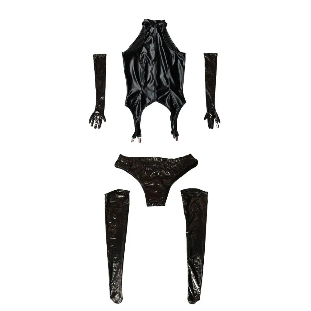 4pcs-set-cosplay-anime-maid-costume-erotic-apparel-pvc-faux-leather-catsuit-bodysuits-panties-gloves-stocking-club-fun-uniform