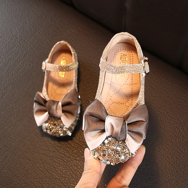 CYSINCOS Children Casual Shoes Leather Girls Princess Flat Heel Party Shoes Sequins Bow Pearl Crystal Bling Casual Shoes