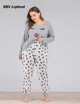 

2020 New Plus size home suits Women Round Neck Long sleeve coat and lips Print trousers Sleepwear Set Casua Pajamas Set
