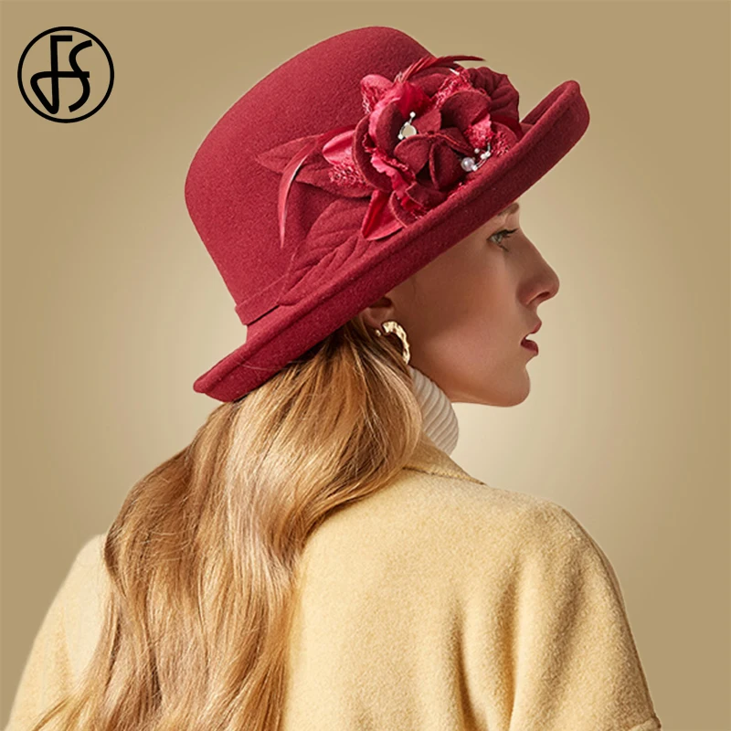 

FS Women Black Wide Brim Wool Felt Fedora Hats Cloche Vintage Bowler Hat Church Formal Cap Ladies Winter Autumn Fedoras