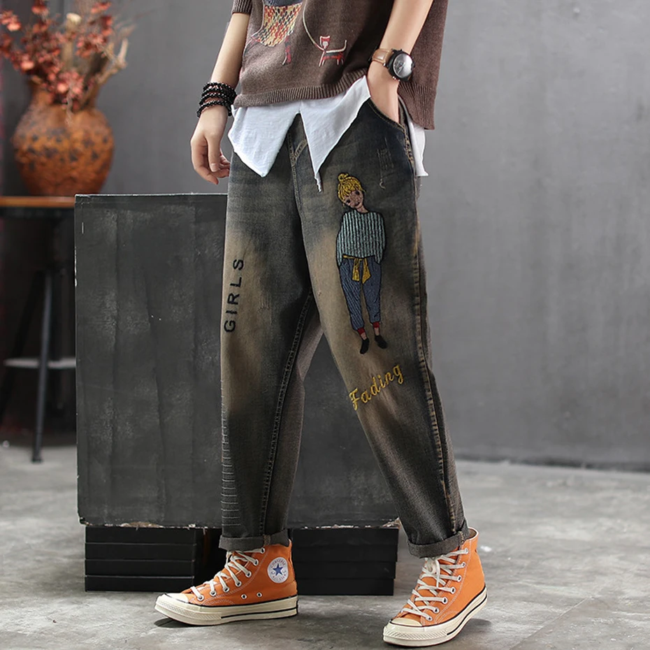 Женские большие джинсы джинсовые брюки Ретро Винтажные повседневные Длинные свободные негабаритные вышивка характер отбеленные осенние AZ66223417