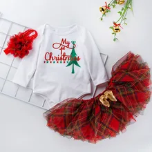 Модная одежда Детский комбинезон на Рождество для маленьких девочек, топы, платье-пачка, набор для волос, 1 год, для девочек, Mi Primera Navidad, Новинка