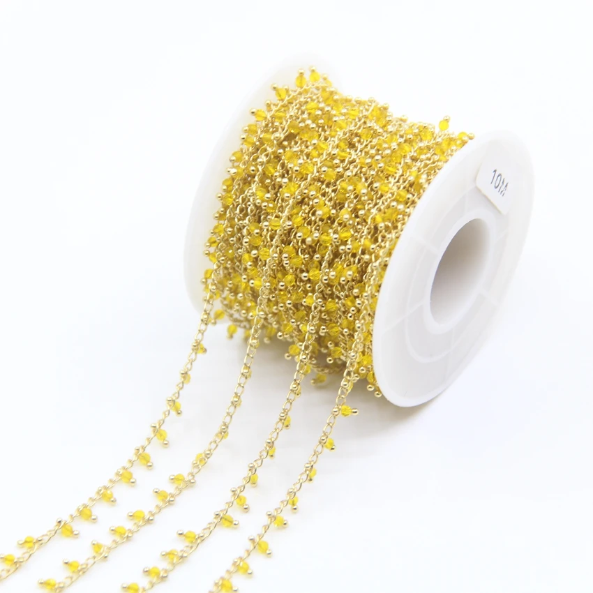 5Meter 11Color Choice 2mm Faceted Round Glass Beads Rosary Chains,Plated Gold Brass Wrapped Small Glass Beaded Necklace Chains