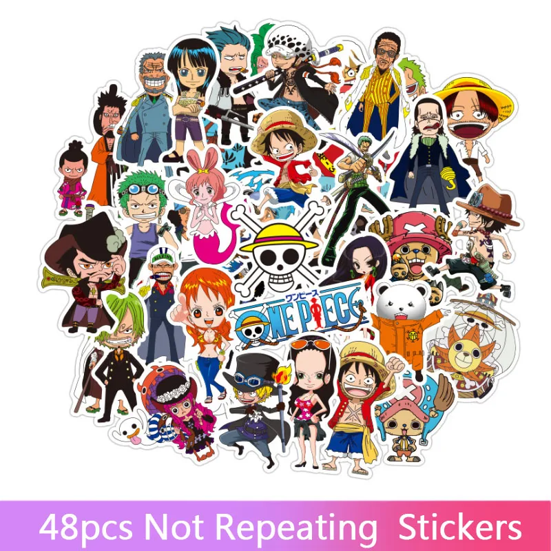 

48Pcs/Set Anime ONE PIECE Luffy Stickers For Car Laptop PVC Backpack Home Decal Pad Bicycle PS4 Waterproof Decal toys Gifts