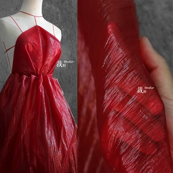 

Red lover imitation plastic cloth perspective mesh pleat texture clothing designer original fabrics for patchwork