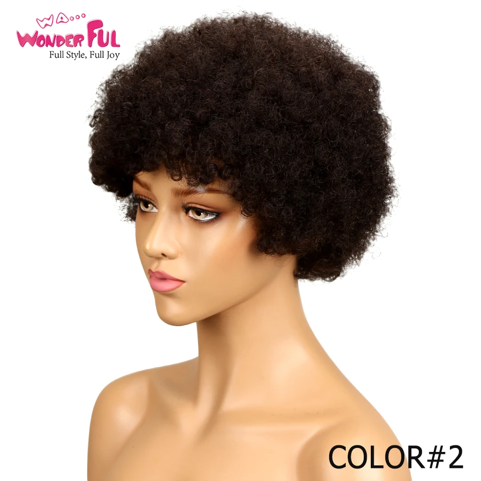 Wa...Wonderful Short Afro Kinky Curly Wig 100% Human Hair Kinky Curly Wigs For Black Women Dark Brown Red Wholesale Cheap