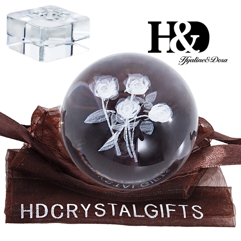 H& D 6 см 3D лазерный хрустальный шар с гравировкой букет роз миниатюрный стеклянный шар домашний Декор Аксессуары орнамент подарок для мальчиков с подставкой