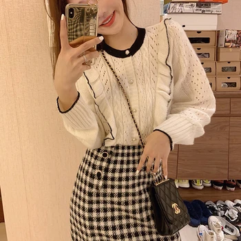 

2020 Hollow Knit Top Cute Fungus Sweater + Retro Black and White Plaid Skirt