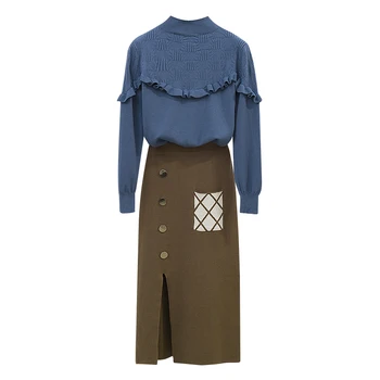 

Korean Fashion Women Fungus Loose Sweater Pullover Top Knitted Cutout Split Long Skirt Casual 2 Pcs Clothing Set Knitwear Autumn