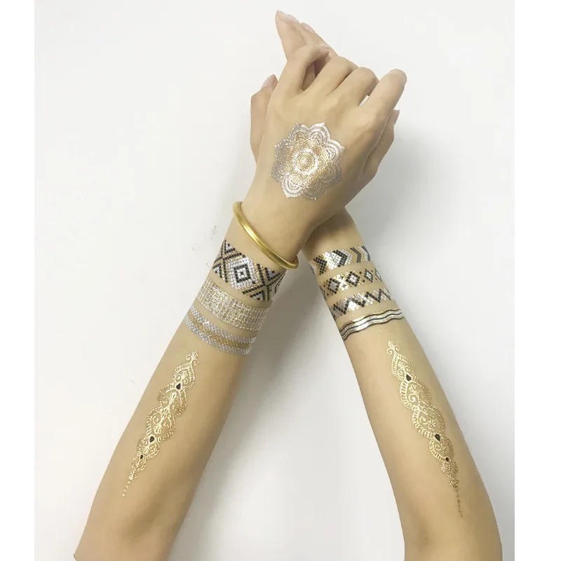 Золотые наклейки в виде татуировок водонепроницаемые поддельные татуировки Временные татуировки наклейки металлические искусственные татуировки тату для лица мужской женский боди-арт