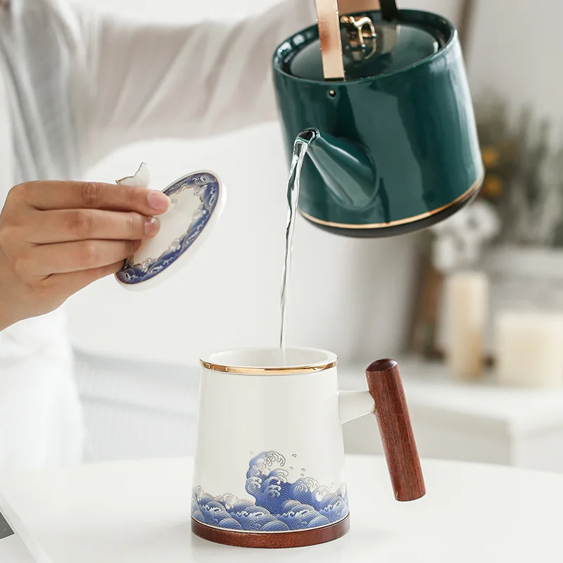 Creative Wooden Handle Water Cup Ceramic Office Cup Gift Cup Enamel Color Office Cup Tea Separation Filter Cup