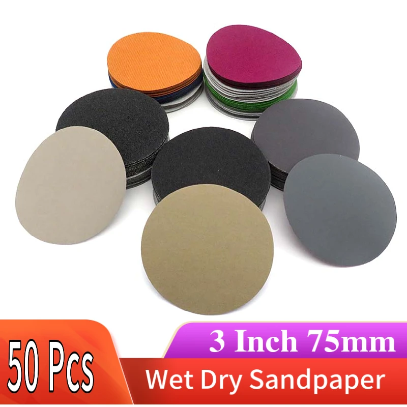 50PCS 3Inch 75MM Wet Dry Sandpaper Hook and Loop Silicon Carbide 60 to