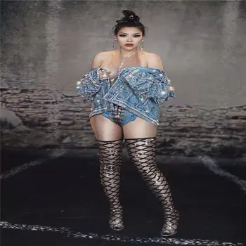 

T72 Denim jacket sparkly rhinestones blue jacket hip hop cowboy coat dance costumes singer outfit perform clothes party wears dj