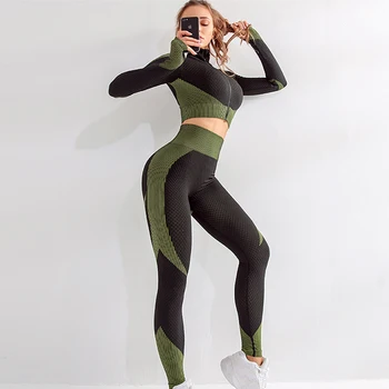 women gym sets 2 piece long sleeve fitness suit sportswear seamless workout gym wear set woman gym clothing for women yoga set 2