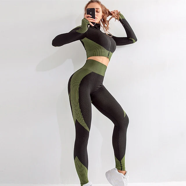 women gym sets 2 piece long sleeve fitness suit sportswear seamless workout gym wear set woman gym clothing for women yoga set 2