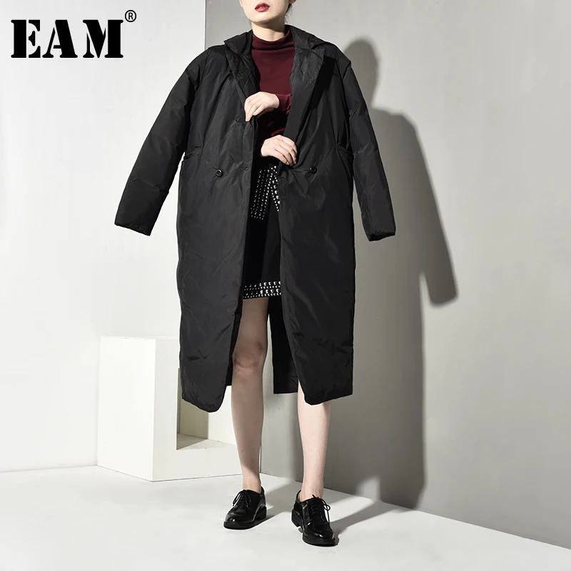 

[EAM] Black Big Size Long Cotton-padded Coat Long Sleeve Loose Fit Women Parkas Fashion Tide New Autumn Winter 2019 JD1690